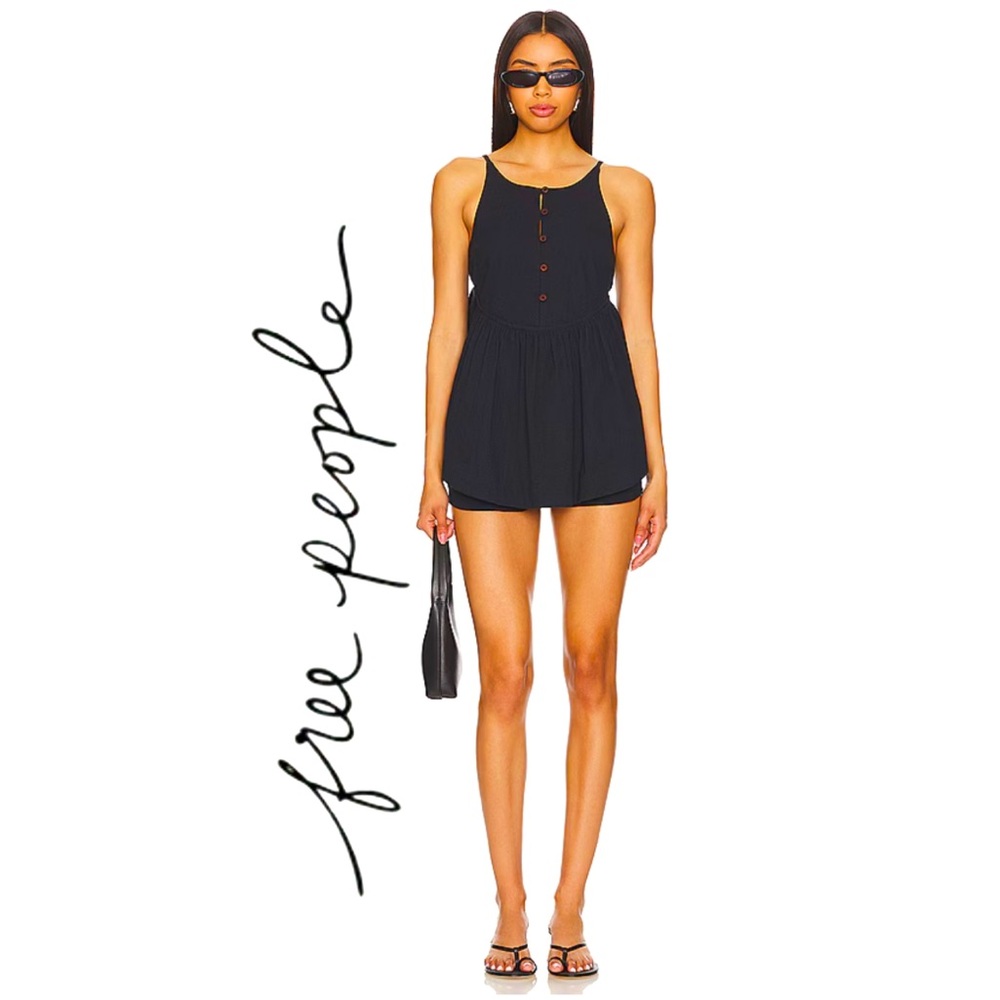 Free People Black Mini Sundress with Button Front